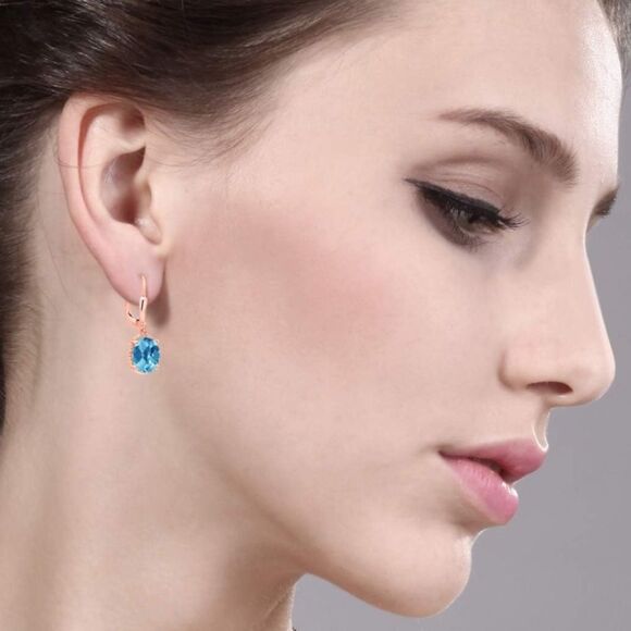 18K Rose Gold 925 with 4.50 Cttw Swiss Blue Topaz Oval Leverback Hook Earrings